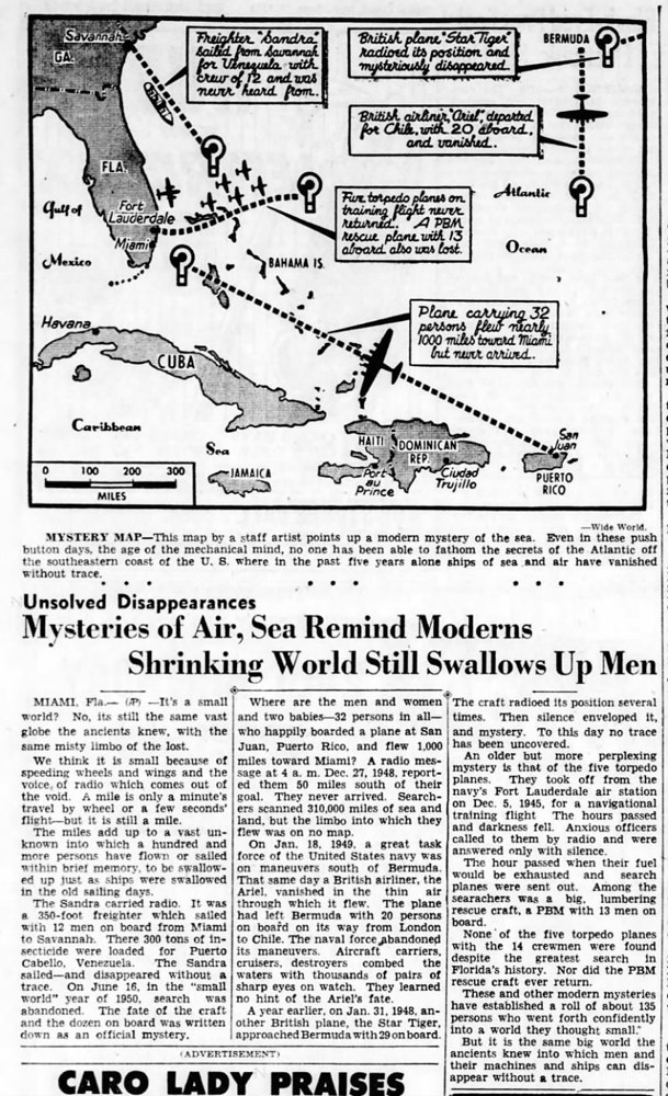 1950 newspaper article associated with the Bermuda Triangle story