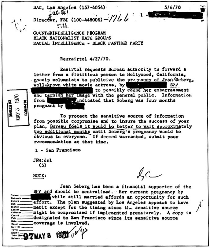 FBI document concerning Jean Seberg, associated with COINTELPRO