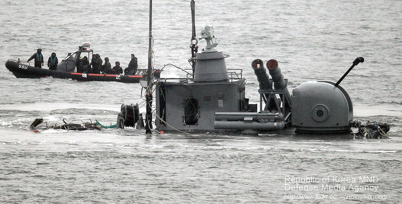 Salvage crews moving Cheonan’s recovered stern off Baengnyeong Island, April 2010