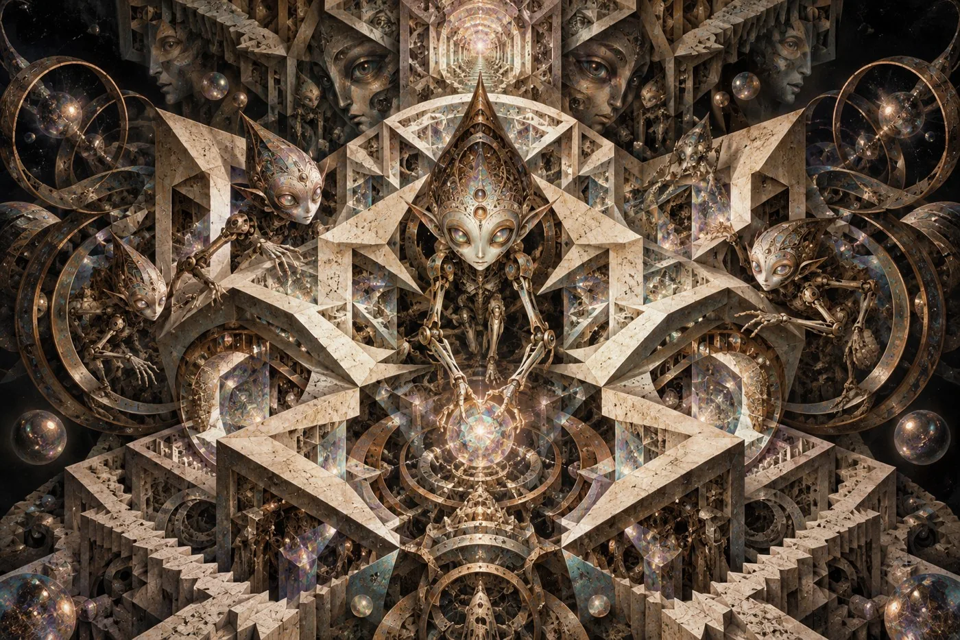 Machine elves in recursive geometric architecture — generated fictional editorial illustration