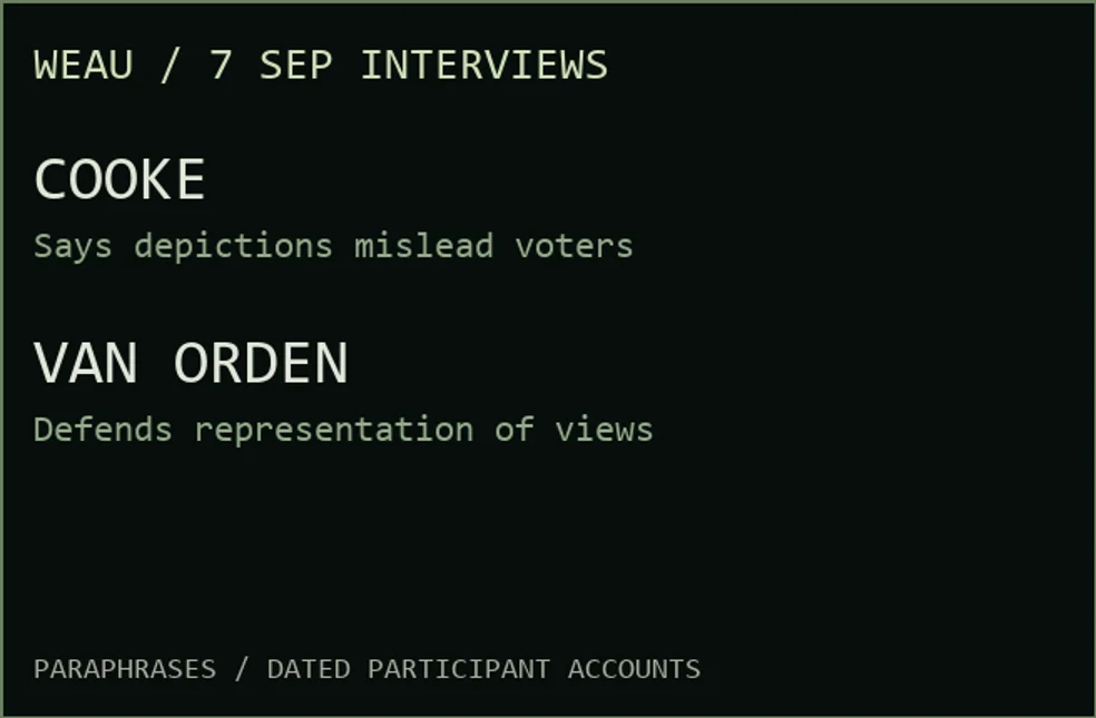 Cooke says the depictions misled voters; Van Orden defends them as representing her views.