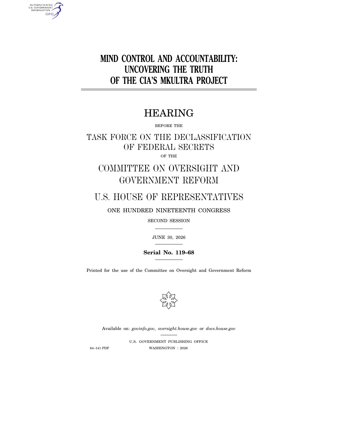 Title page of the 30 June 2026 House MKULTRA hearing transcript