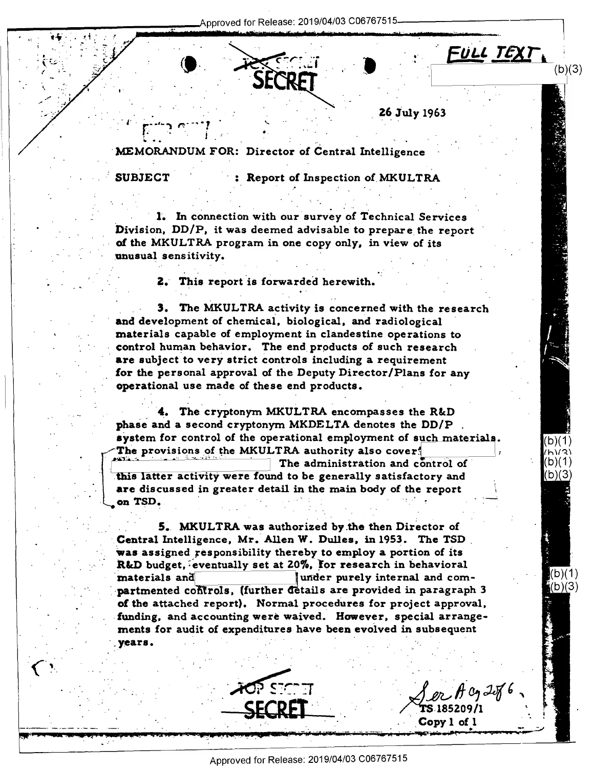 Cover memorandum of the CIA inspector general’s 26 July 1963 MKULTRA report