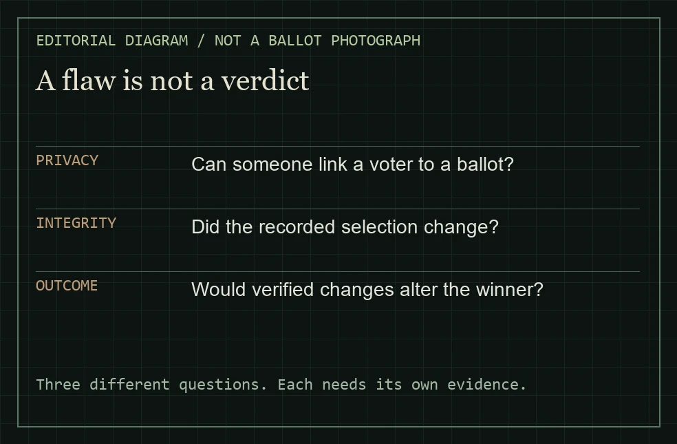Original editorial diagram separating ballot secrecy, vote integrity and electoral outcome — not a photograph of voting equipment