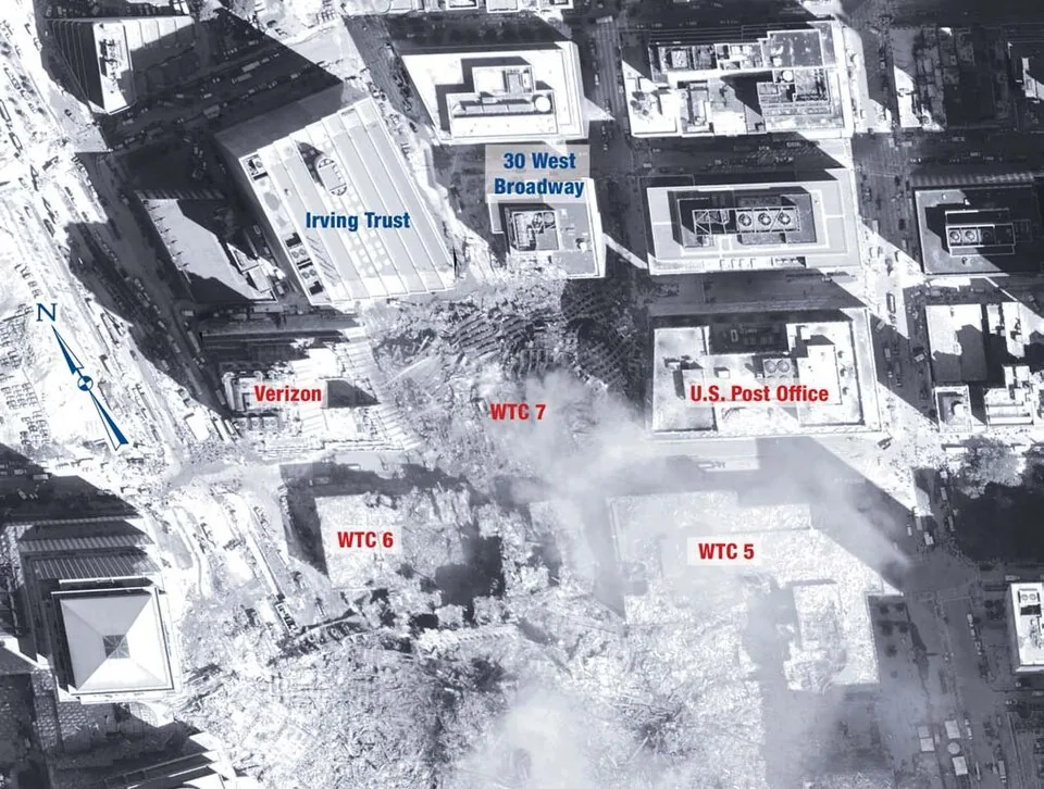 Site of World Trade Center 7 after collapse — annotated archival aerial photograph