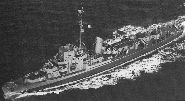 The U.S. Navy destroyer escort USS Eldridge (DE-173) underway at sea, circa in 1944.