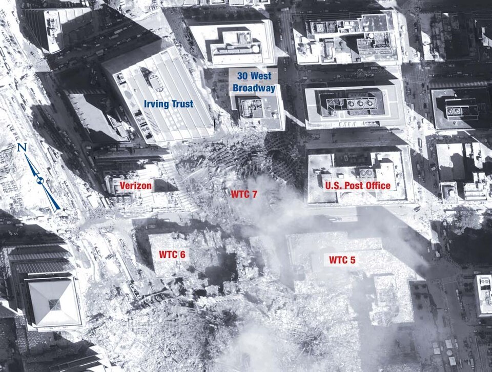 Site of World Trade Center 7 after collapse — annotated archival aerial photograph